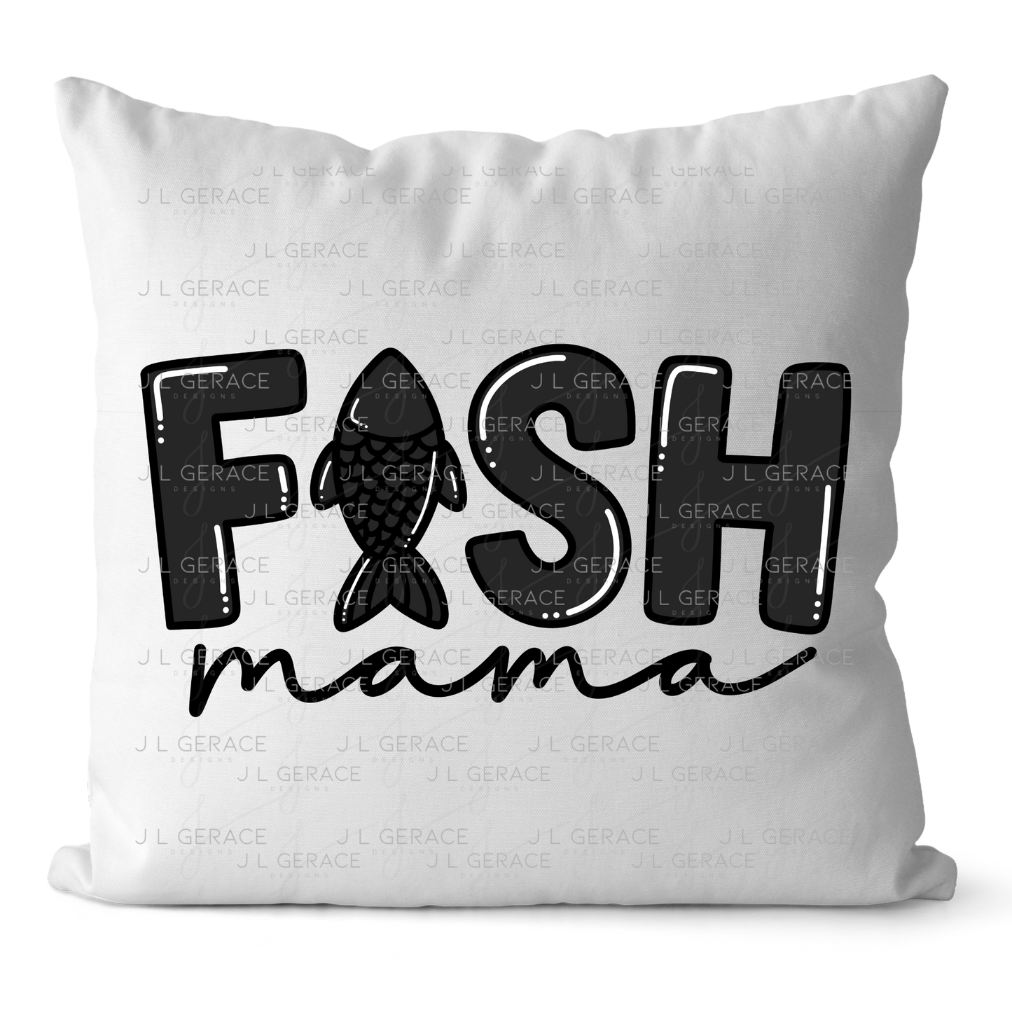 Fish Mama PNG – Black Glossy “FISH Mama” Design with Fish Silhouette Letter