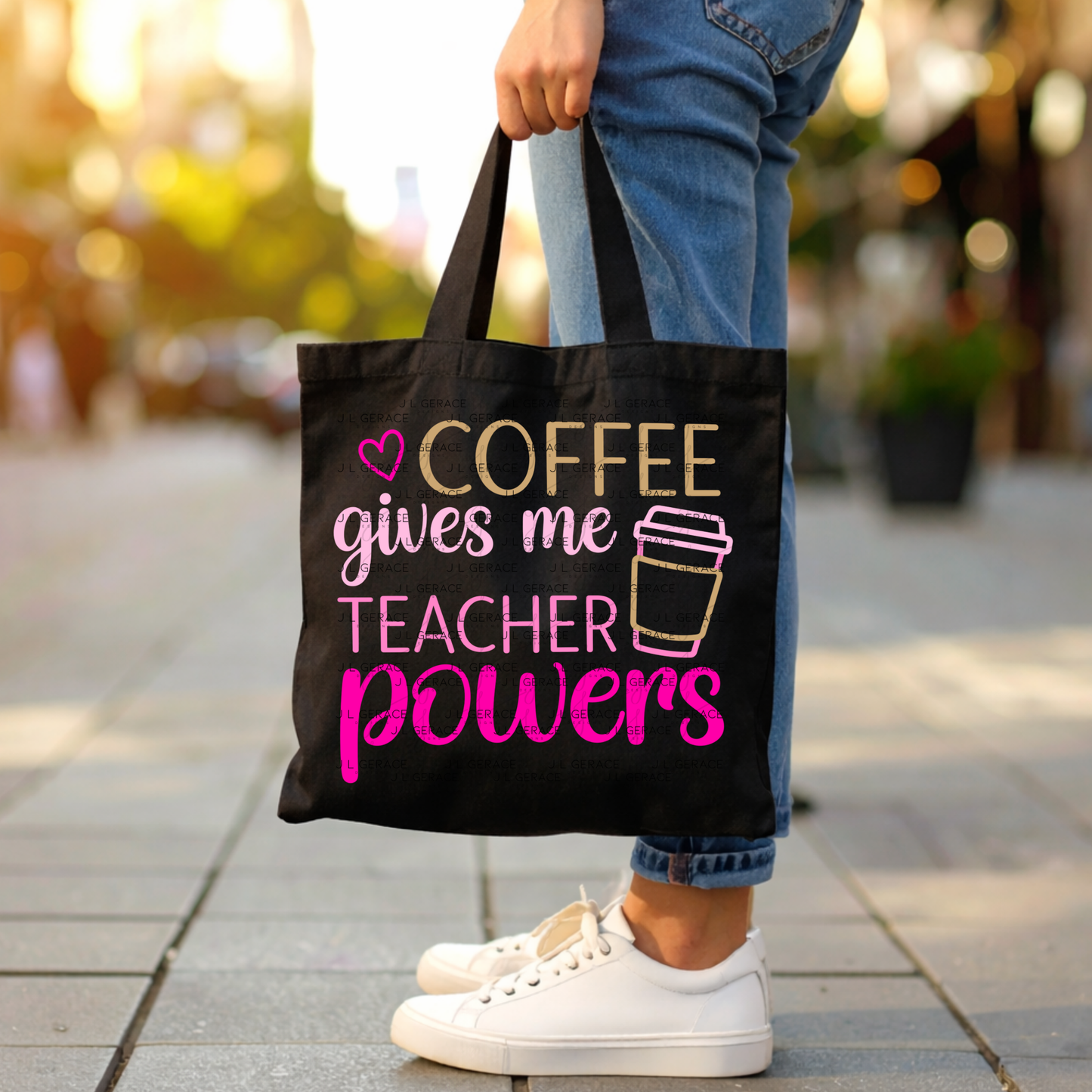 Coffee Gives Me Teacher Powers Pink and Gold PNG