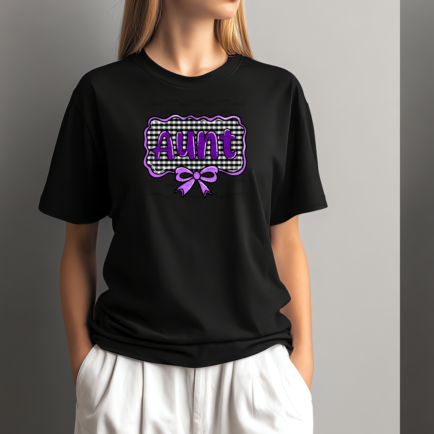 Aunt PNG – Purple Glossy Lettering with Gingham Background & Bow