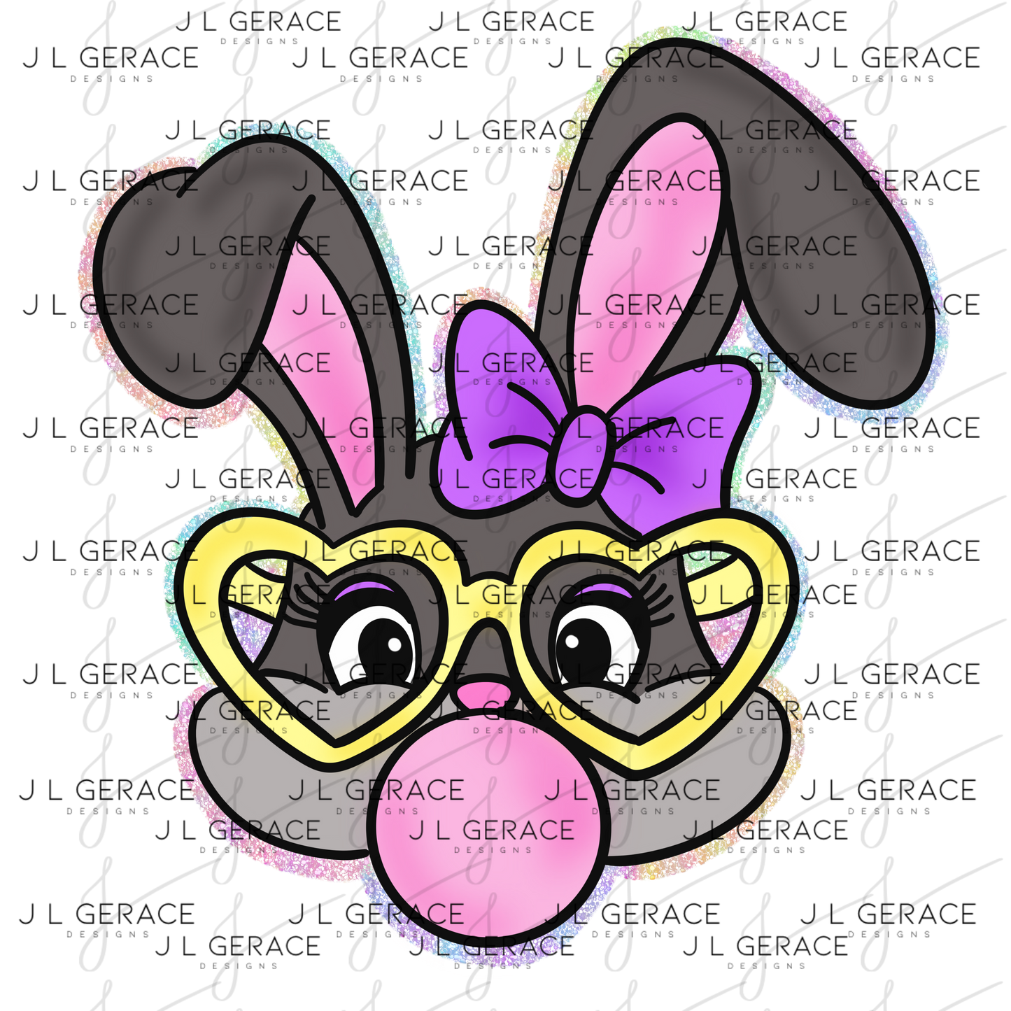Cute Easter Bunny with Glasses - Chunky Rainbow Glitter Outline PNG