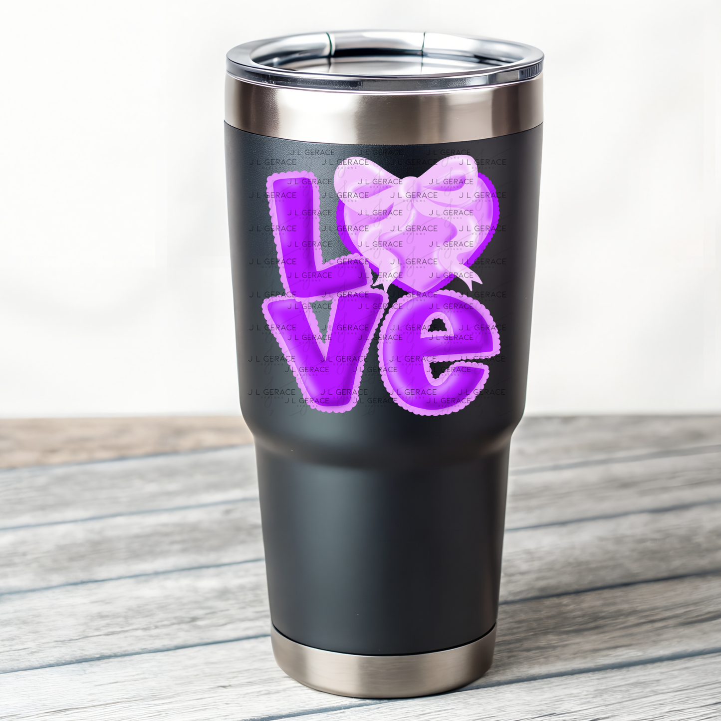 Purple Love Bubble Letter PNG with Heart Bow Design Scalloped Trim