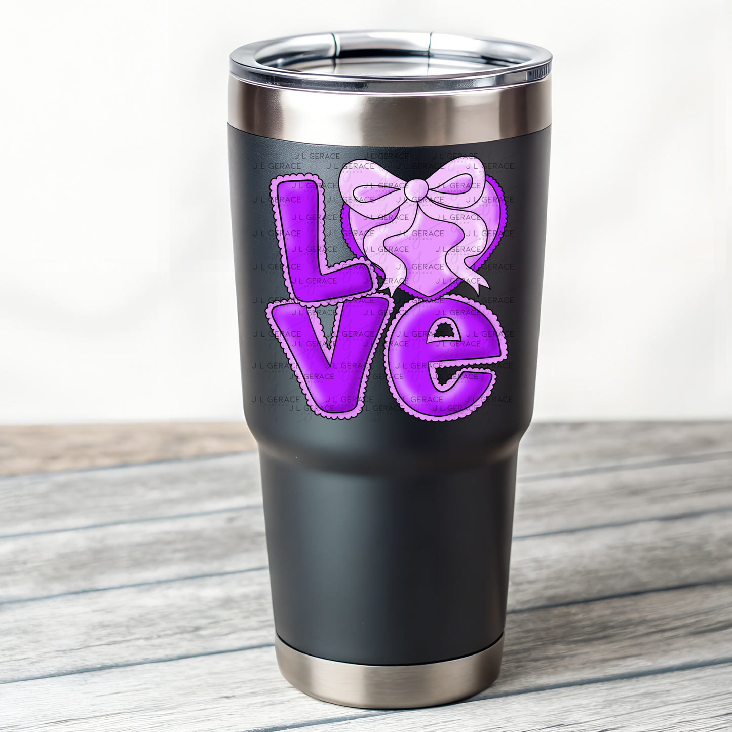 Purple Love Bubble Letter PNG with Bow Accent Black Outline Design