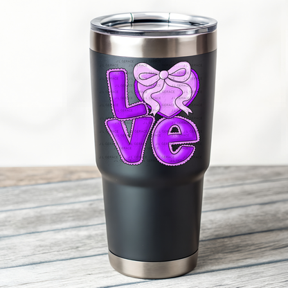 Purple Love Bubble Letter PNG with Bow Accent Black Outline Design