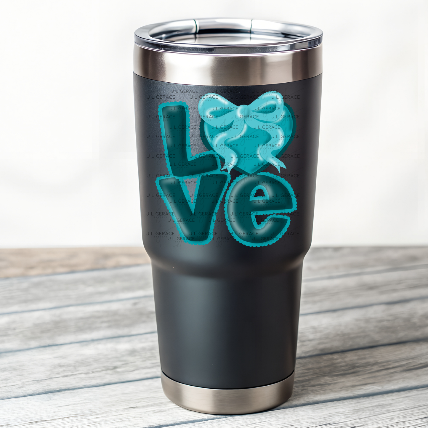Teal Love Bubble Letter PNG with Bow Accent Scalloped Trim Design