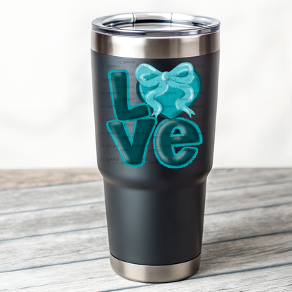 Teal Love Bubble Letter PNG with Bow Accent Scalloped Trim Design
