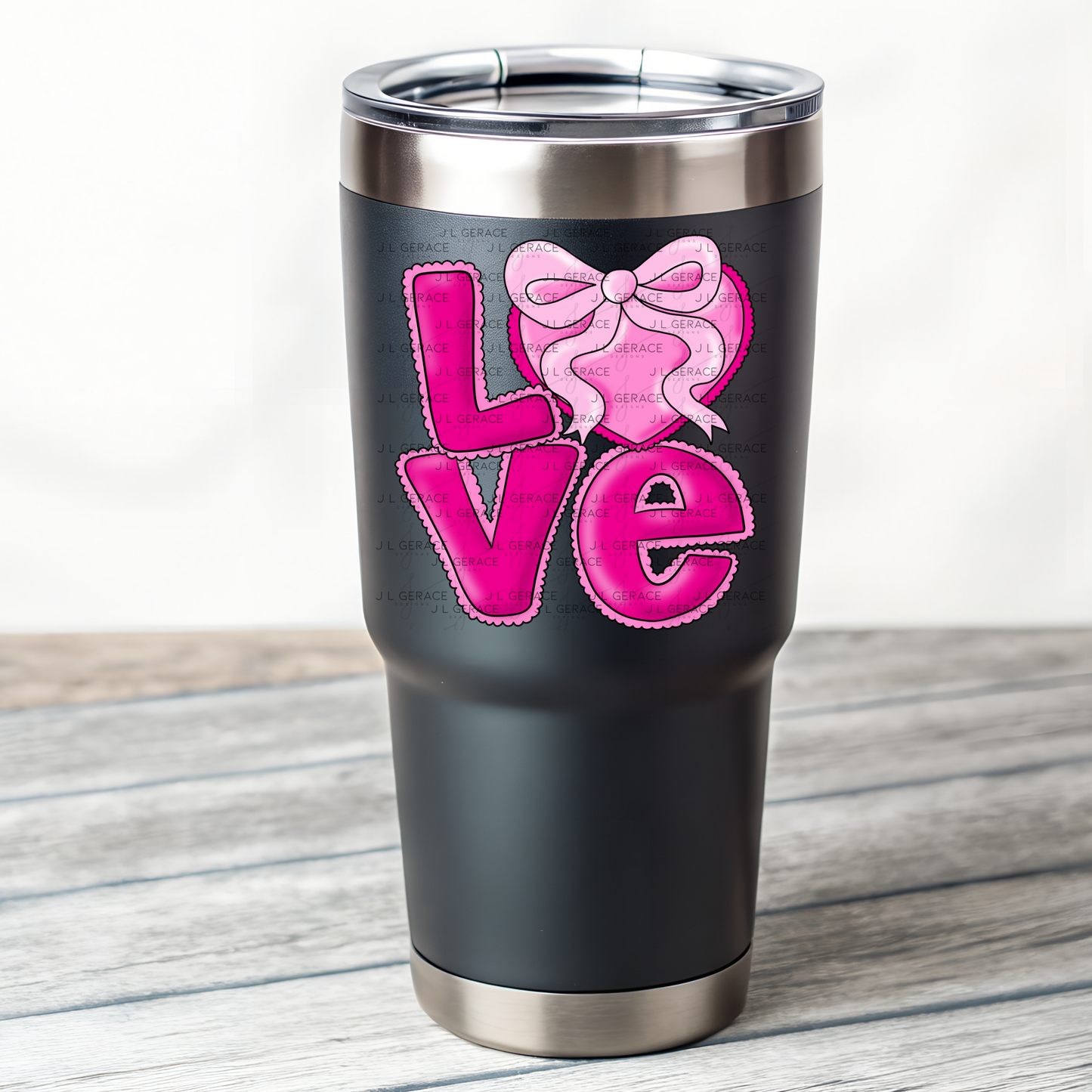 Love Pink Heart Bow PNG Valentine Word Art Design with outline