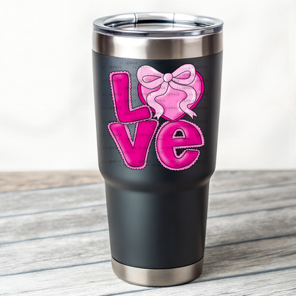 Love Pink Heart Bow PNG Valentine Word Art Design with outline