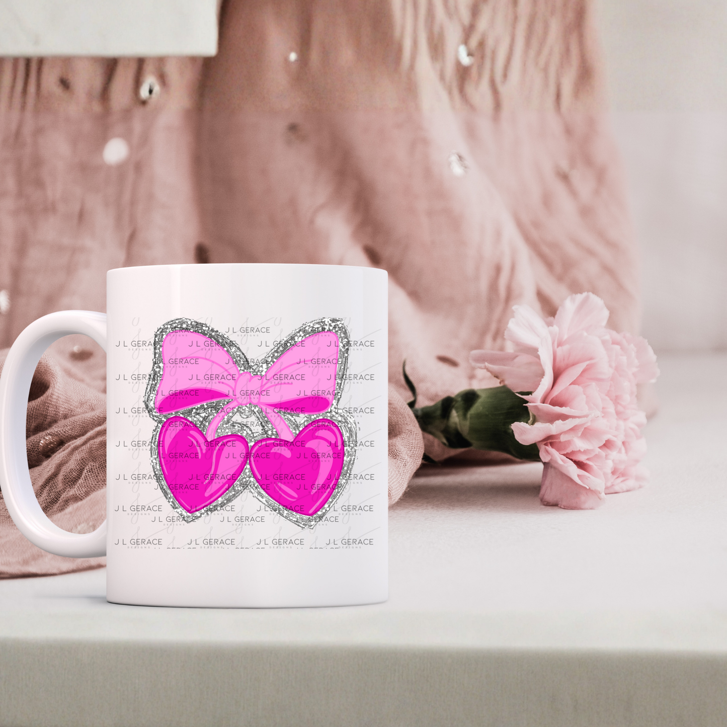 Pink Heart Cherries PNG with Bow and Silver Chunky Glitter Background Design
