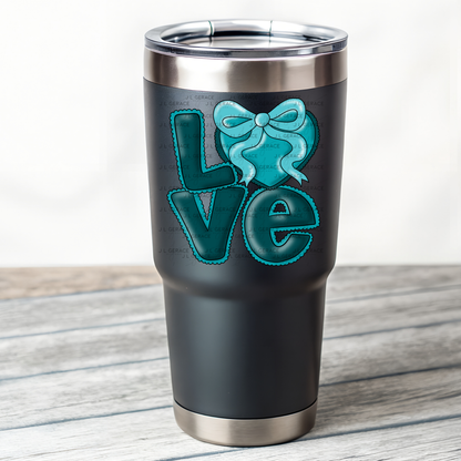 Dark Teal Love Bubble Letter PNG with Bow Accent Black outline Design