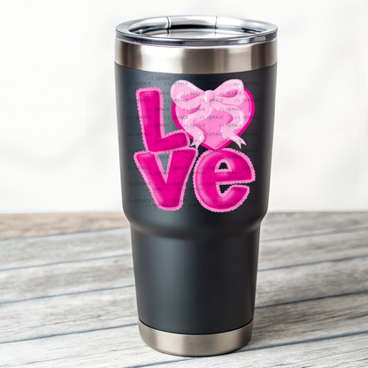 Love Pink Bubble Letter PNG with Heart Bow Design