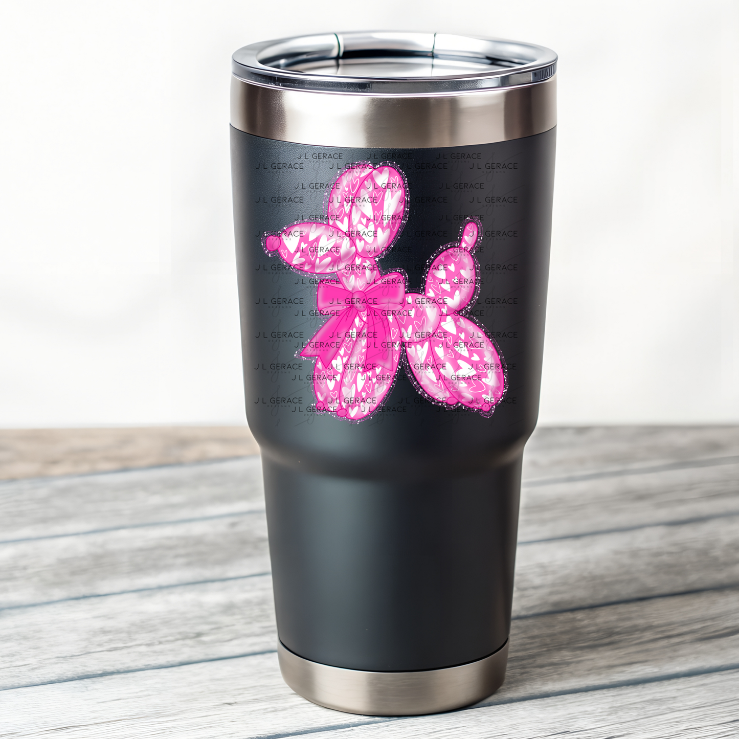 Pink Love Balloon Dog PNG with Glitter Outline and Heart Pattern