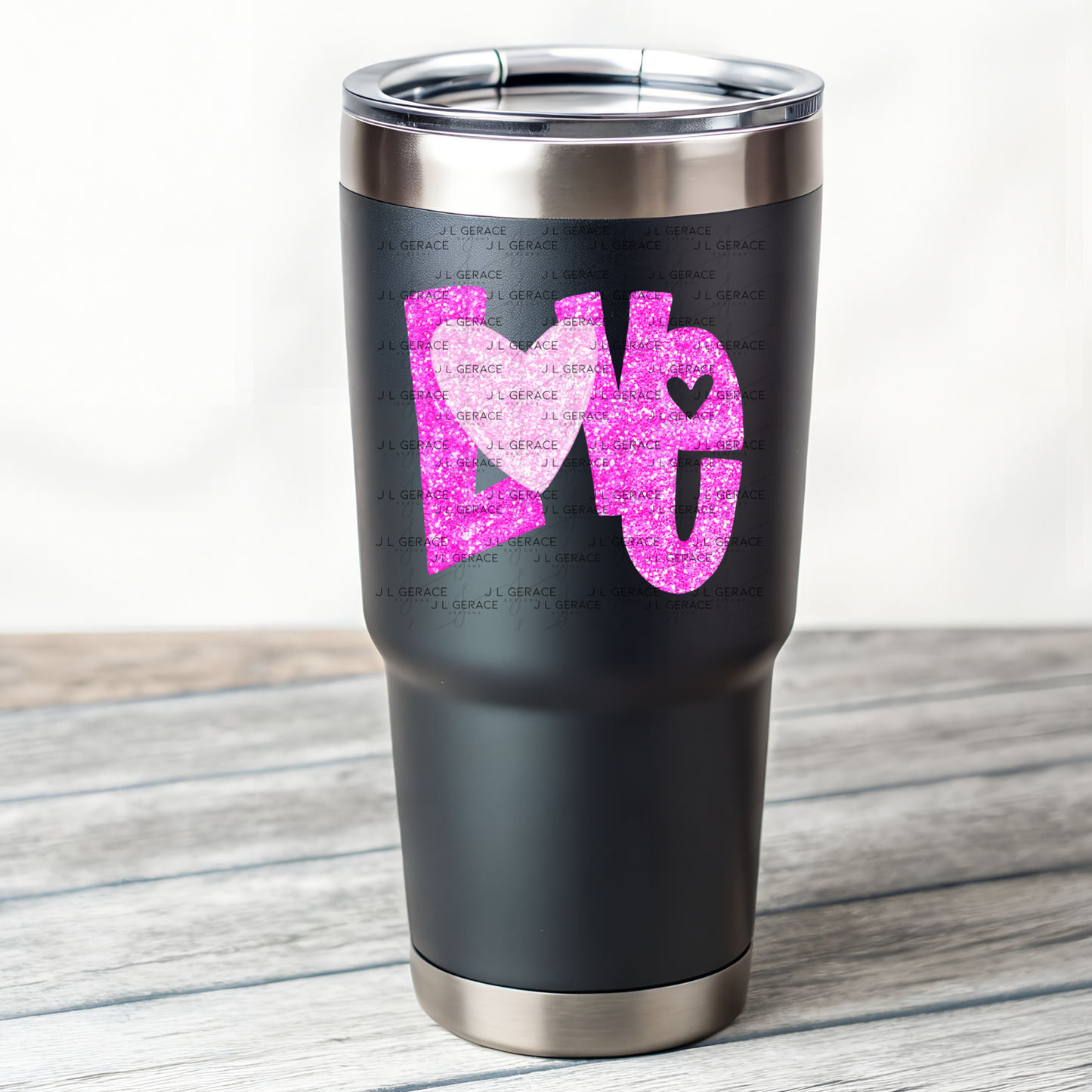 Pink Glitter Love Bubble Letter PNG with Glitter Heart Accent