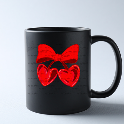 Red Heart Cherries PNG with Bow Glossy Solid Design