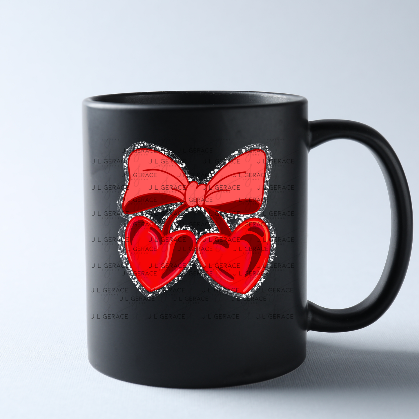 Red Heart Cherries PNG with Bow String Glitter Outline Design