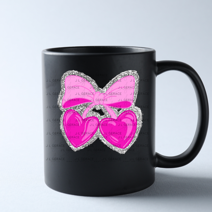Pink Heart Cherries PNG with Bow and Silver Chunky Glitter Background Design