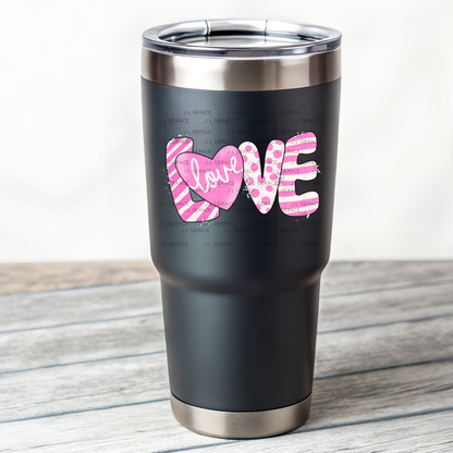 Pink Love Word PNG with Heart – Paint Splatter Mixed Pattern Design