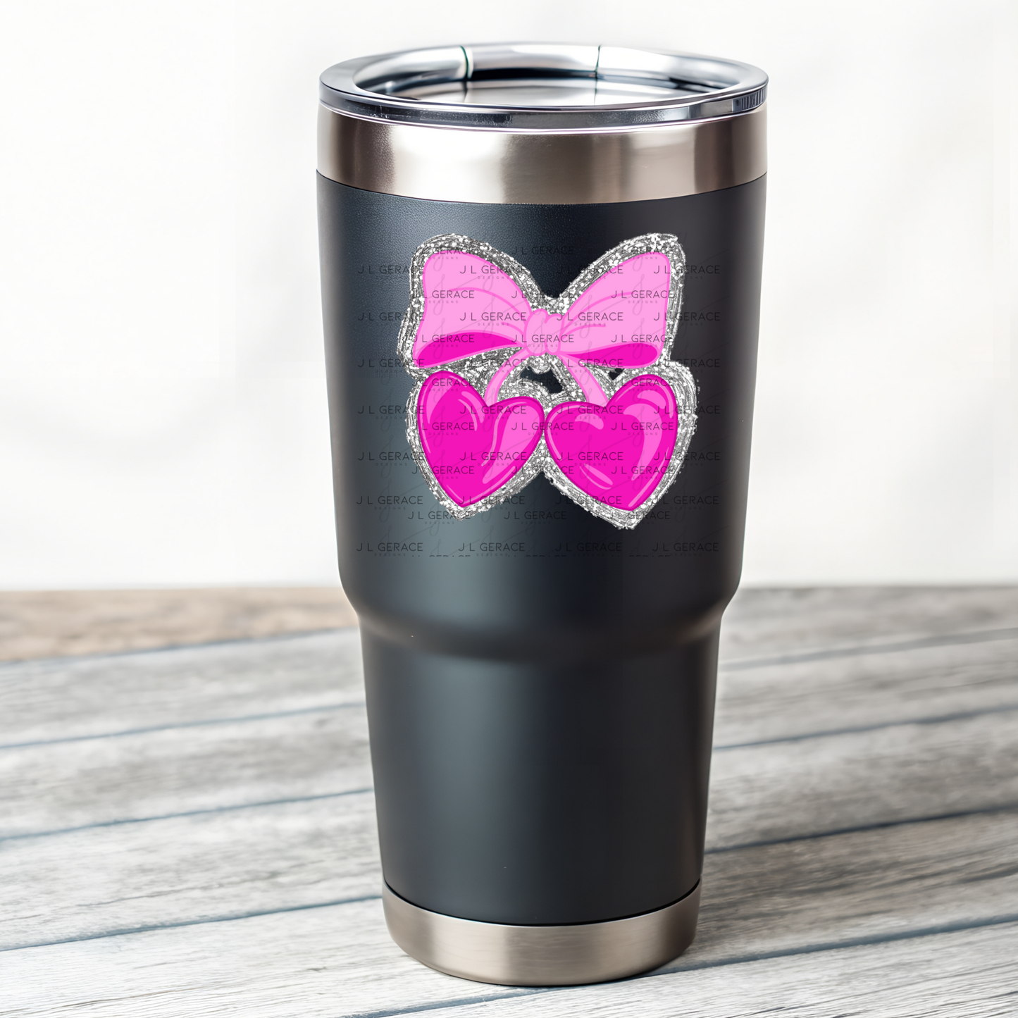 Pink Heart Cherries PNG with Bow and Silver Chunky Glitter Background Design
