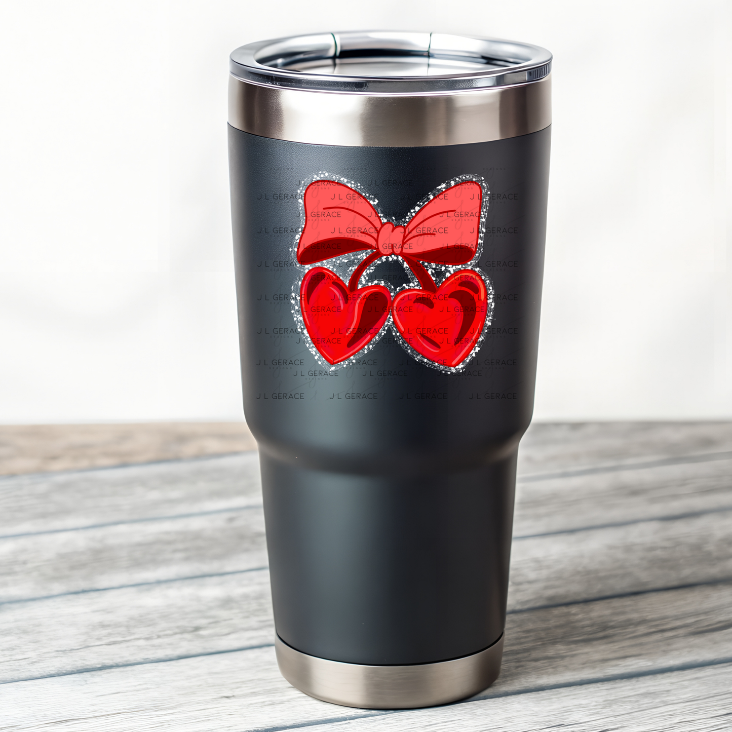Red Heart Cherries PNG with Bow String Glitter Outline Design