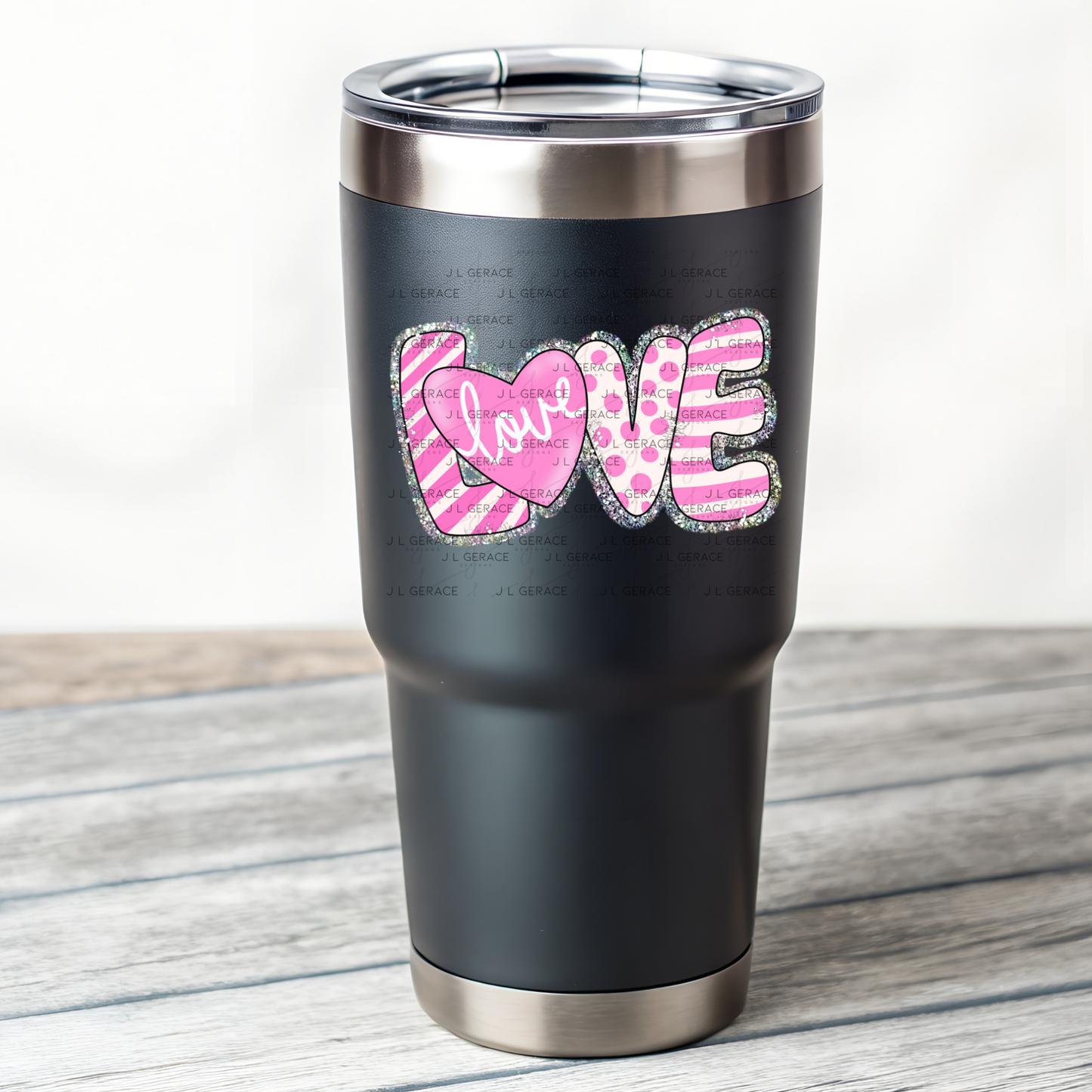 Glitter Outline Love Word PNG with Heart – Pink Mixed Pattern Design