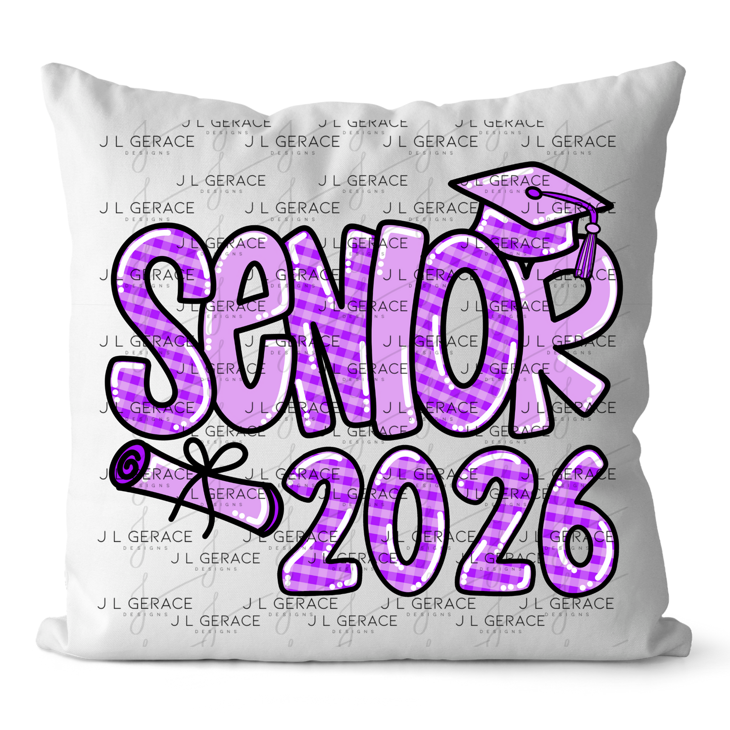 Senior 2026 PNG – Purple Gingham Graduation Cap and Diploma Design