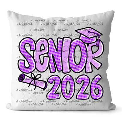 Senior 2026 PNG – Purple Gingham Graduation Cap and Diploma Design