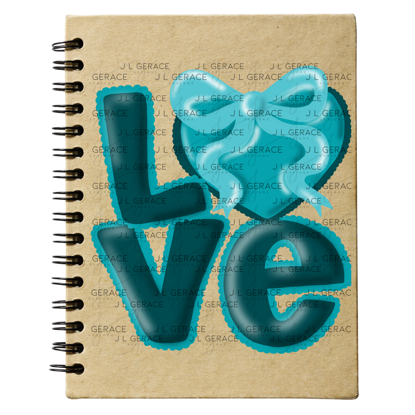 Teal Love Bubble Letter PNG with Bow Accent Scalloped Trim Design