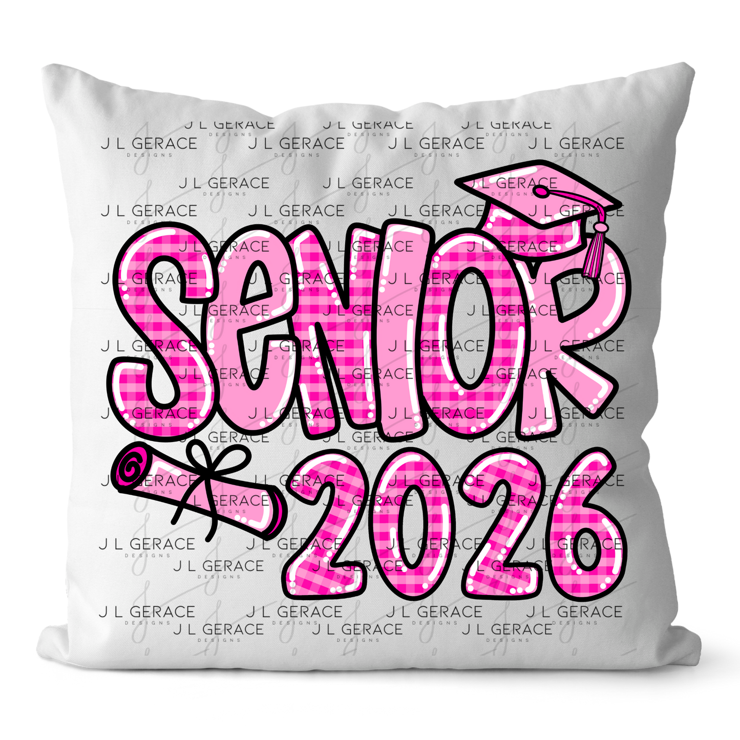Senior 2026 PNG – Pink Gingham Graduation Cap and Diploma Design