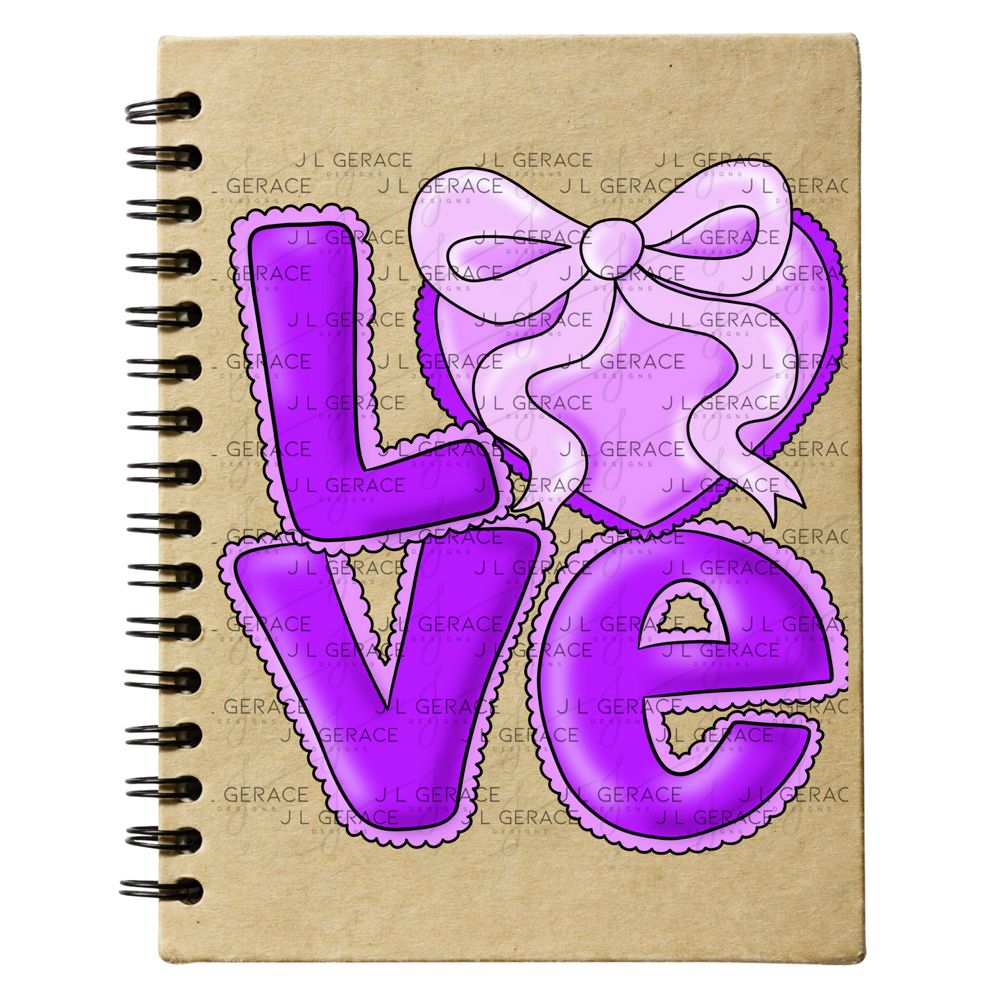 Purple Love Bubble Letter PNG with Bow Accent Black Outline Design
