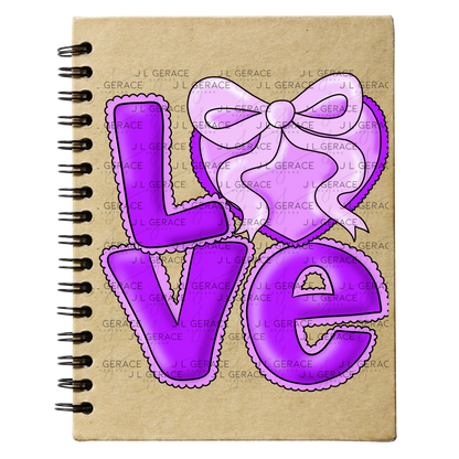 Purple Love Bubble Letter PNG with Bow Accent Black Outline Design