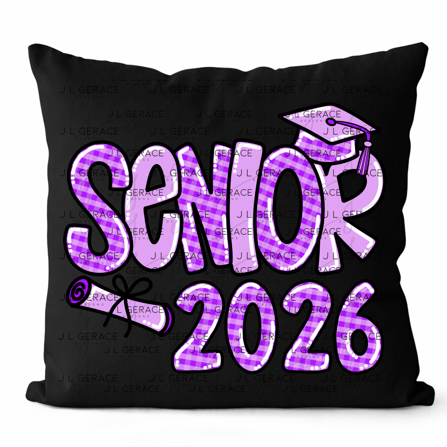 Senior 2026 PNG – Purple Gingham Graduation Cap and Diploma Design