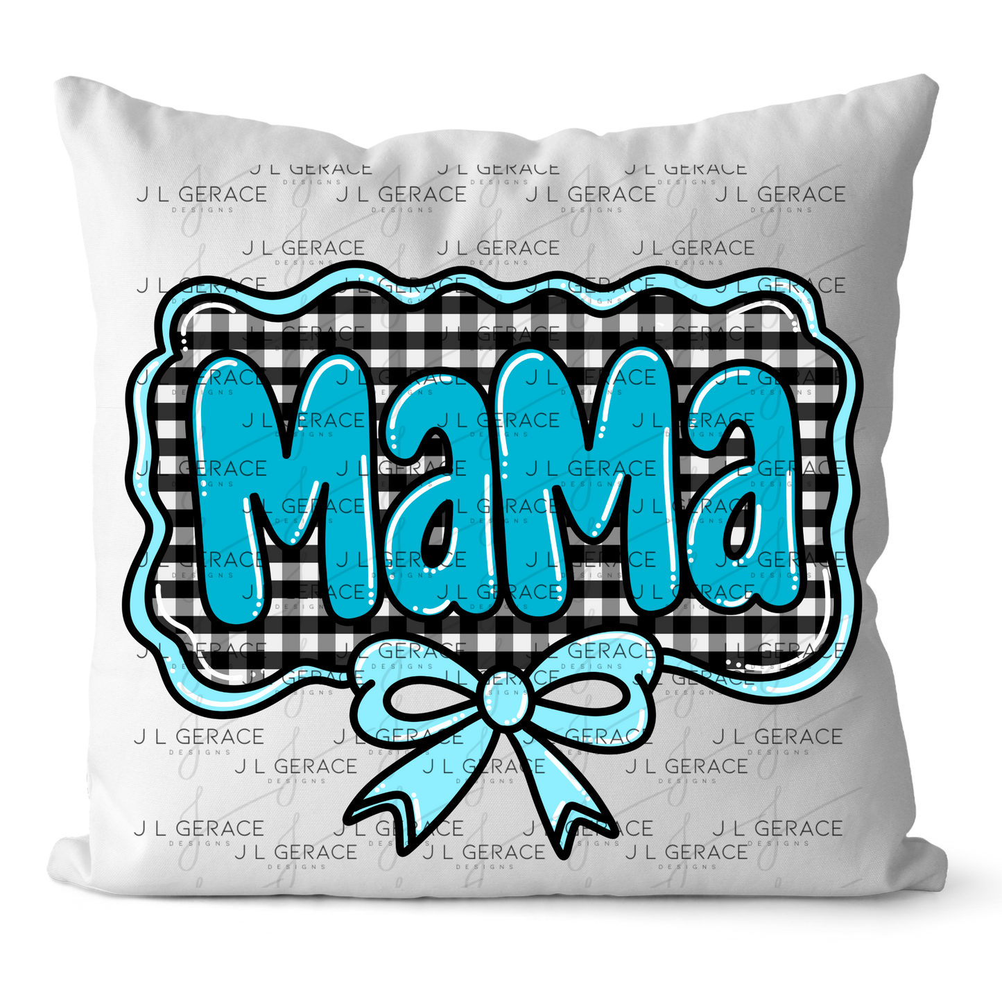 Mama PNG – Teal Glossy Lettering with Gingham Background & Bow