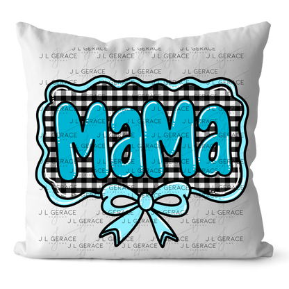 Mama PNG – Teal Glossy Lettering with Gingham Background & Bow