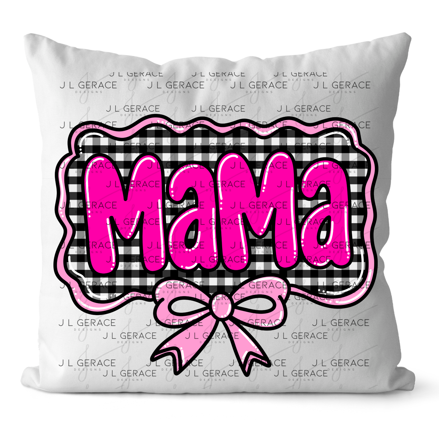 Mama PNG – Hot Pink Glossy Lettering with Gingham Background & Bow