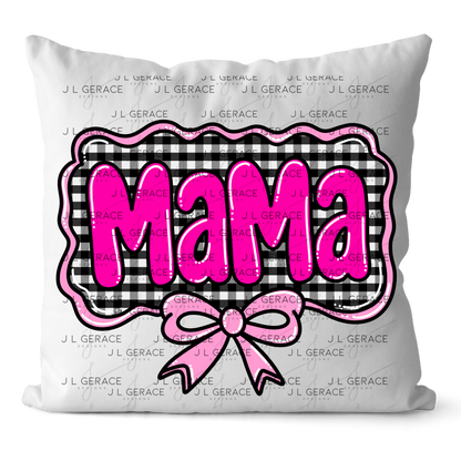 Mama PNG – Hot Pink Glossy Lettering with Gingham Background & Bow