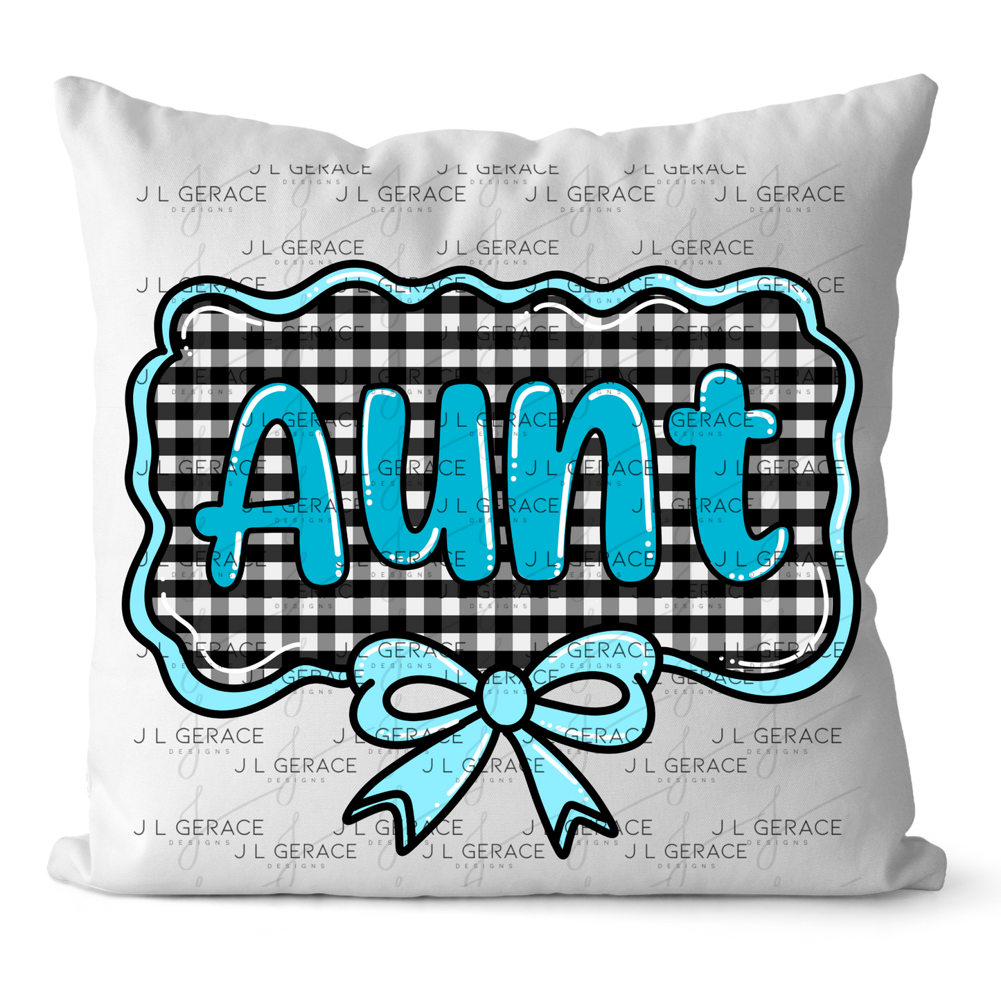 Aunt PNG – Teal Glossy Lettering with Gingham Background & Bow