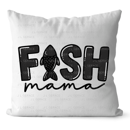 Fish Mama PNG – Black Glossy “FISH Mama” Design with Fish Silhouette Letter