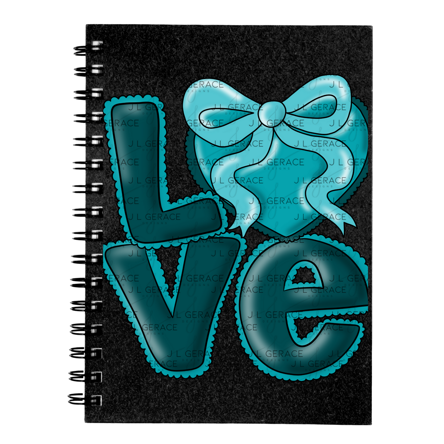 Dark Teal Love Bubble Letter PNG with Bow Accent Black outline Design