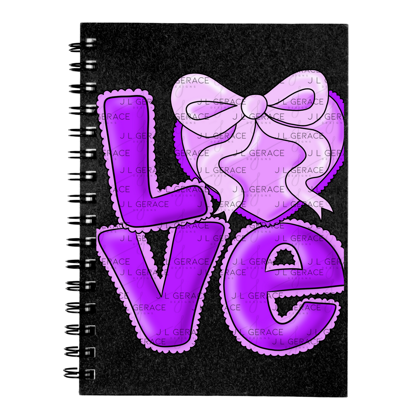 Purple Love Bubble Letter PNG with Bow Accent Black Outline Design