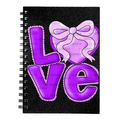 Purple Love Bubble Letter PNG with Bow Accent Black Outline Design