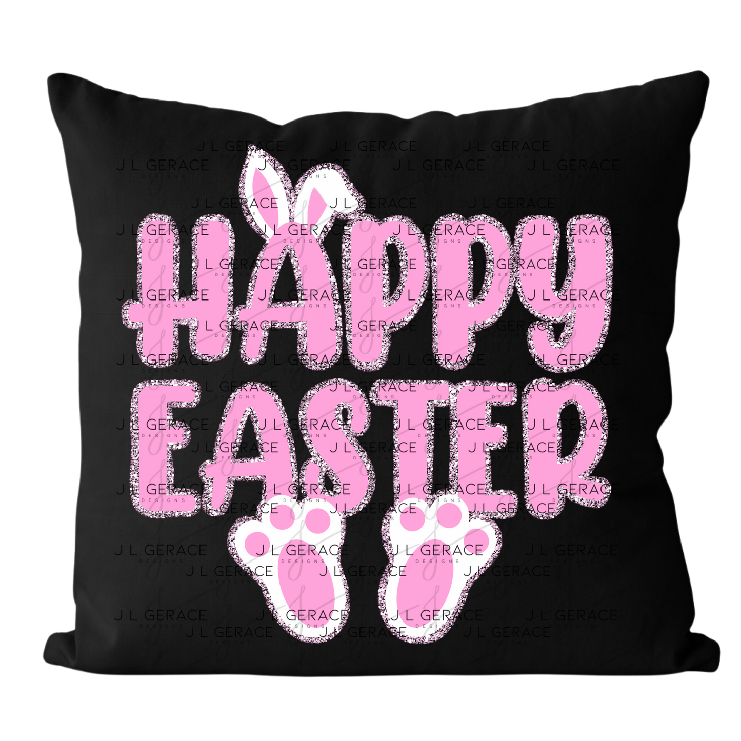 Happy Easter Bunny Ears and Feet Pink Glitter PNG Easter Clipart Sublimation PNG