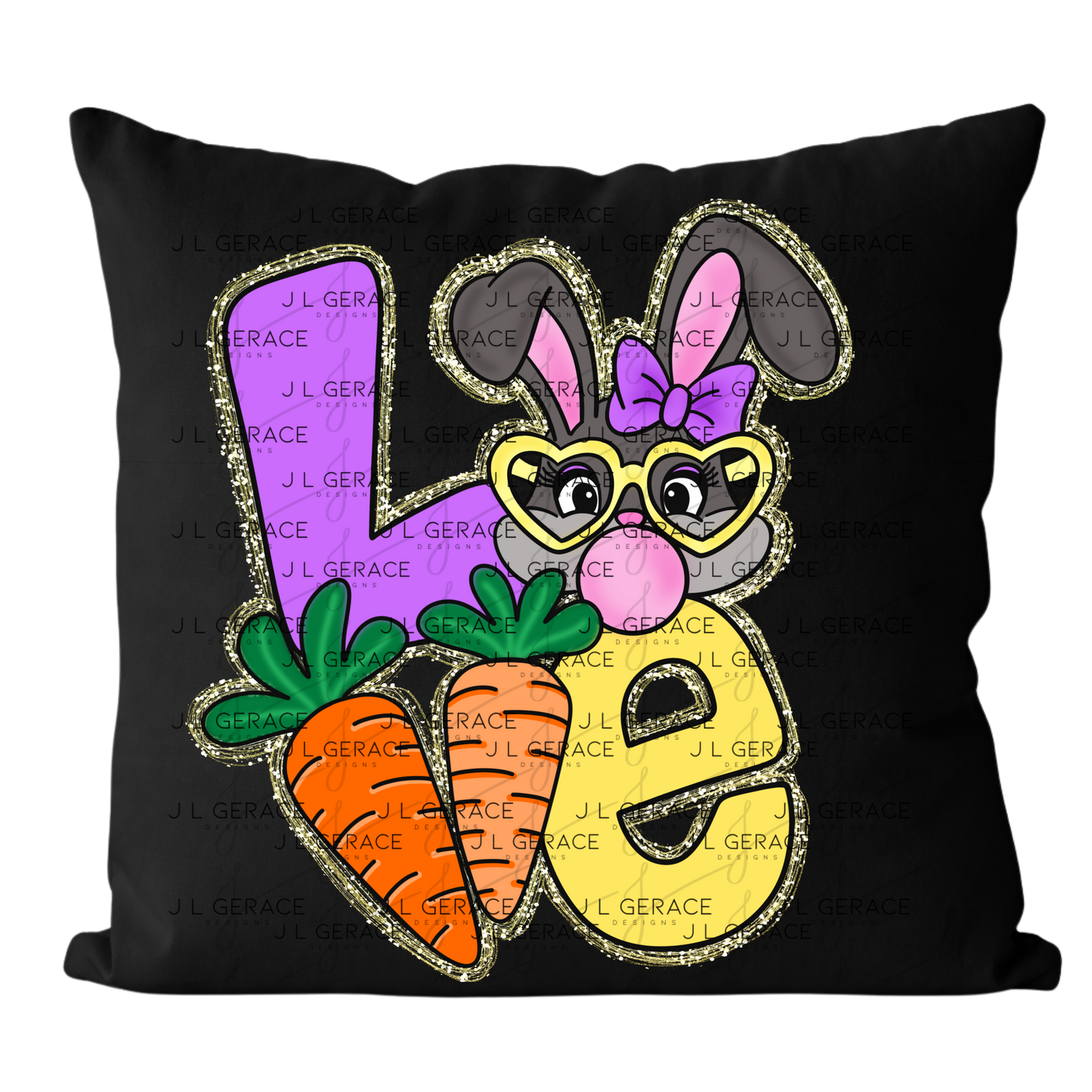 LOVE Easter Bunny with Carrots - Gold String Glitter PNG