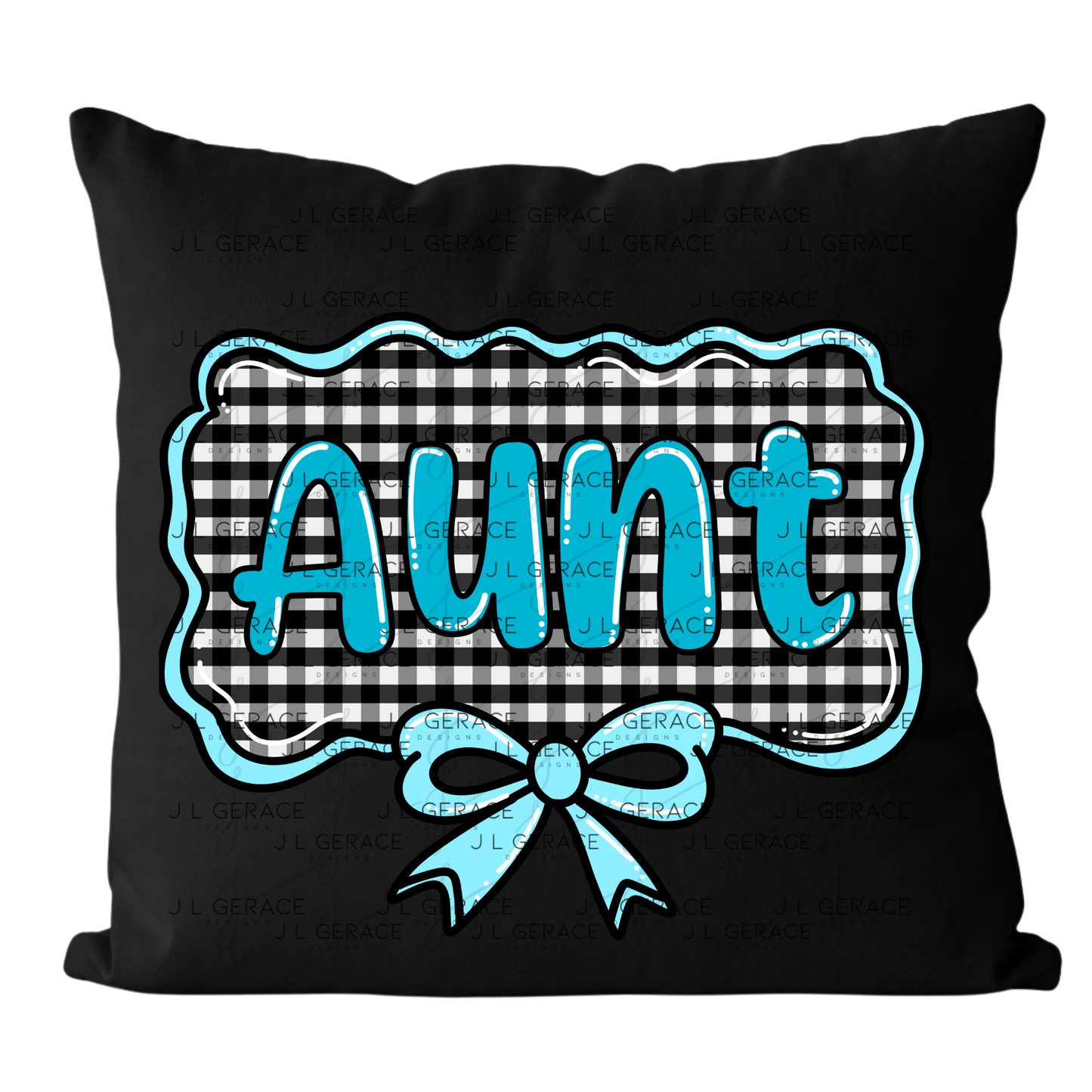 Aunt PNG – Teal Glossy Lettering with Gingham Background & Bow