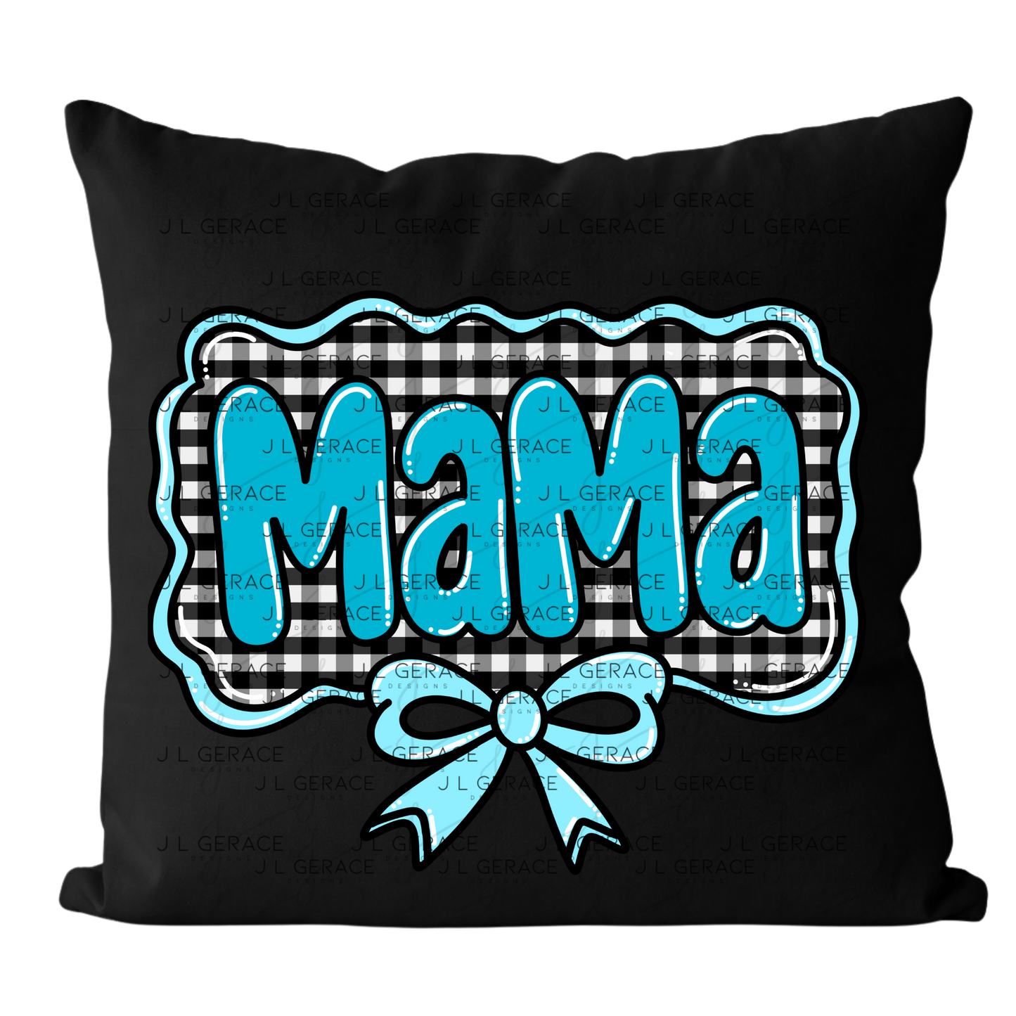 Mama PNG – Teal Glossy Lettering with Gingham Background & Bow