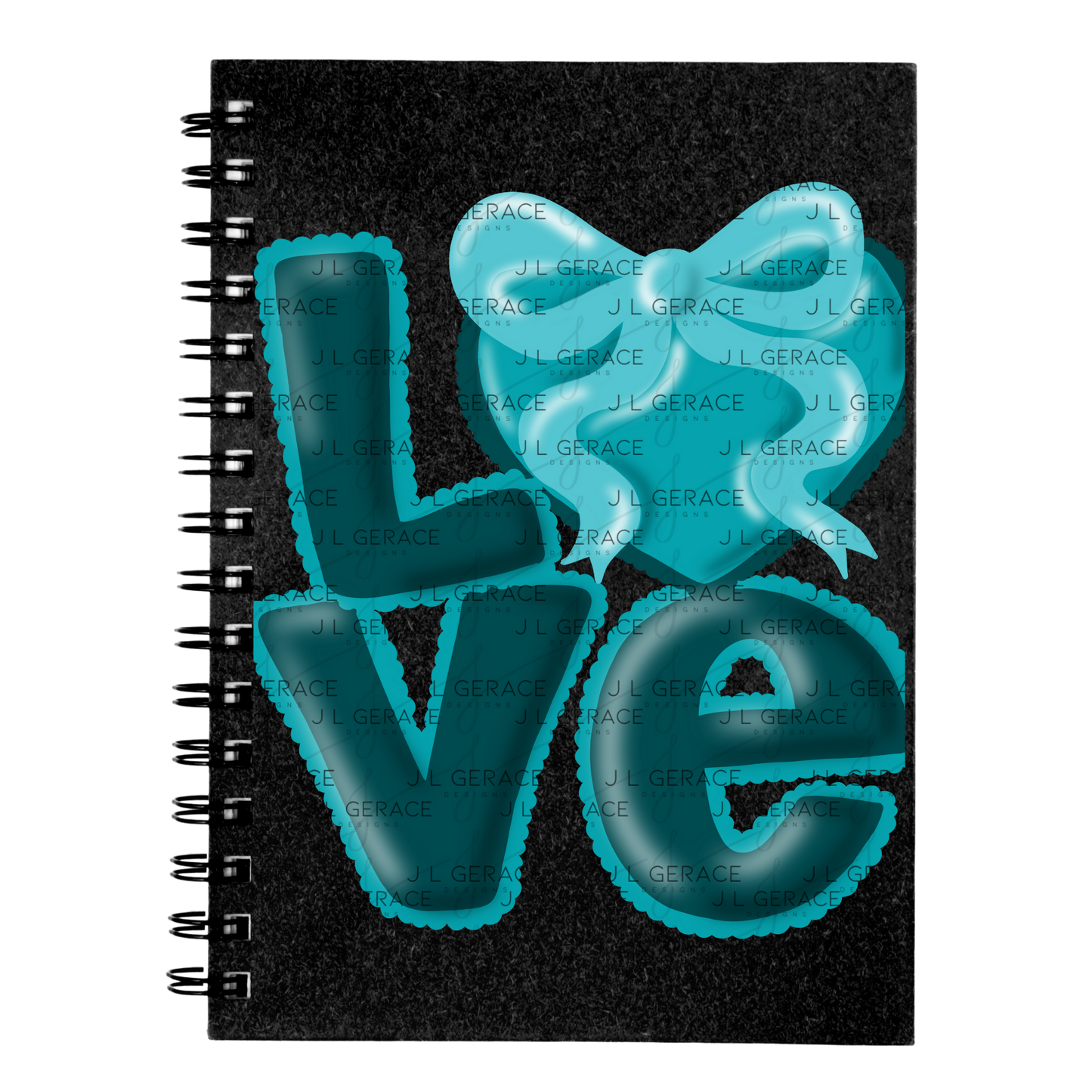 Teal Love Bubble Letter PNG with Bow Accent Scalloped Trim Design