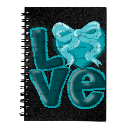 Teal Love Bubble Letter PNG with Bow Accent Scalloped Trim Design
