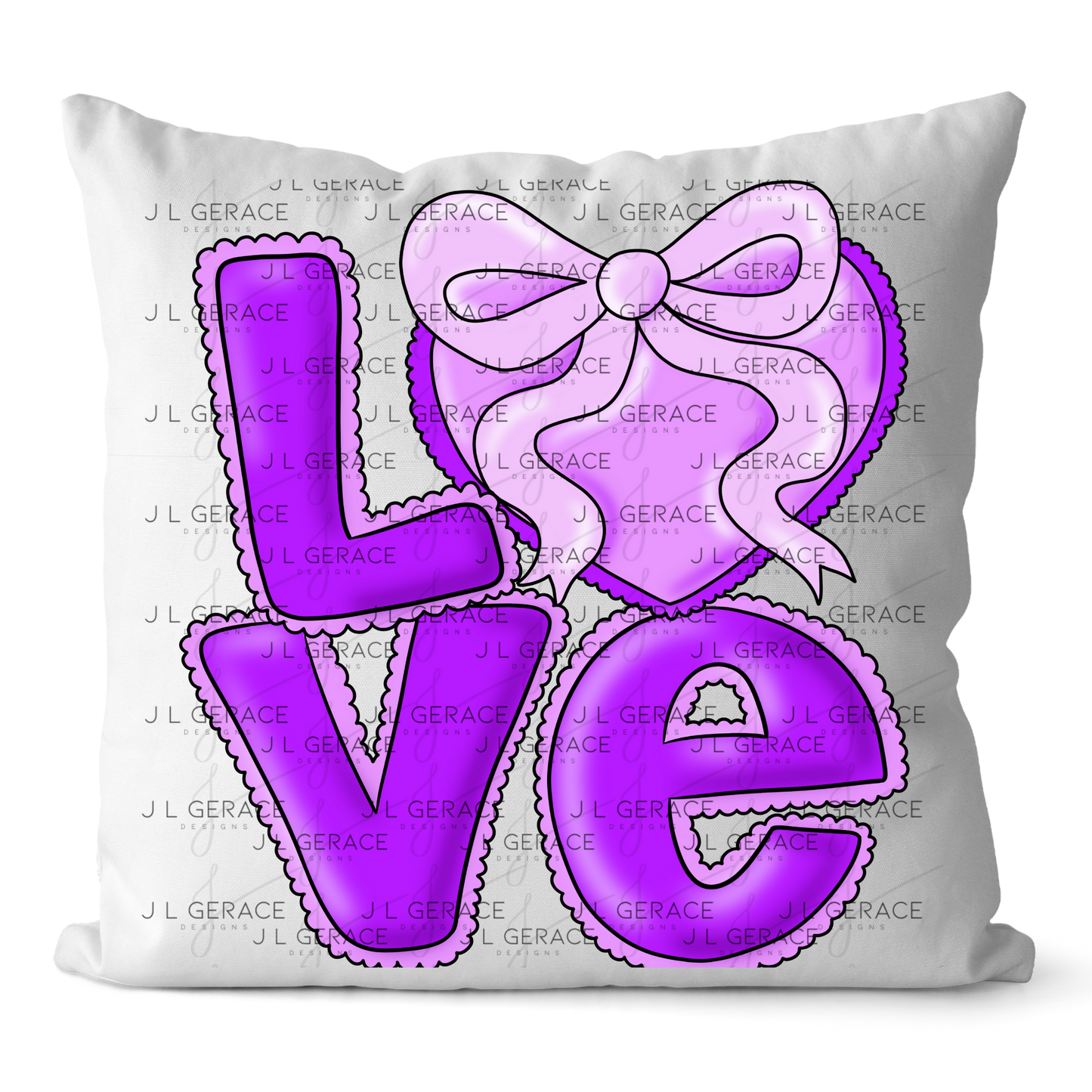 Purple Love Bubble Letter PNG with Bow Accent Black Outline Design