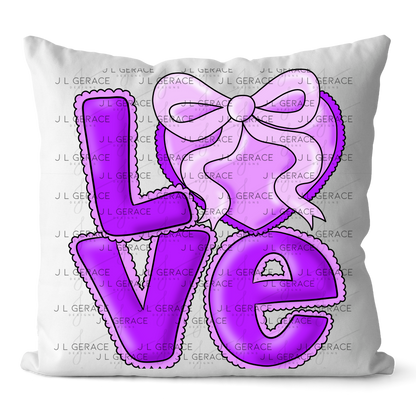 Purple Love Bubble Letter PNG with Bow Accent Black Outline Design