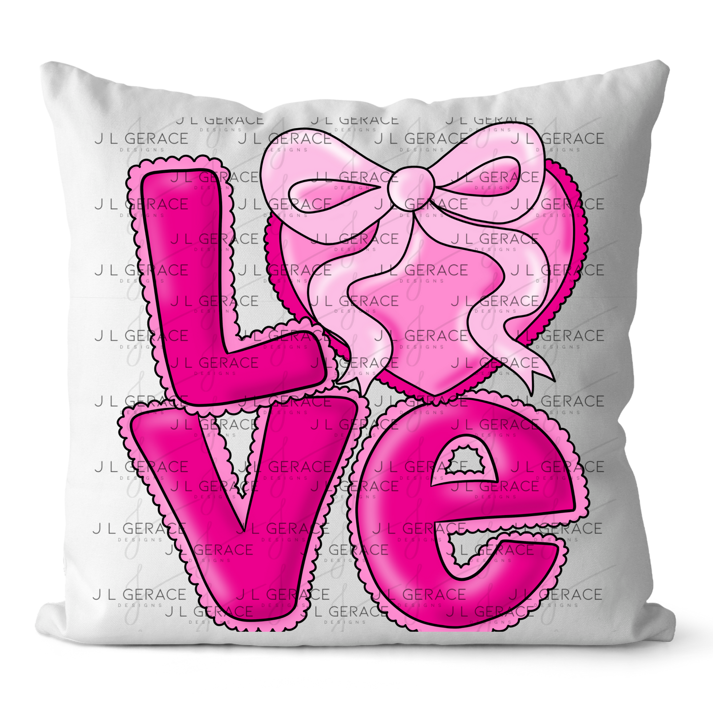 Love Pink Heart Bow PNG Valentine Word Art Design with outline