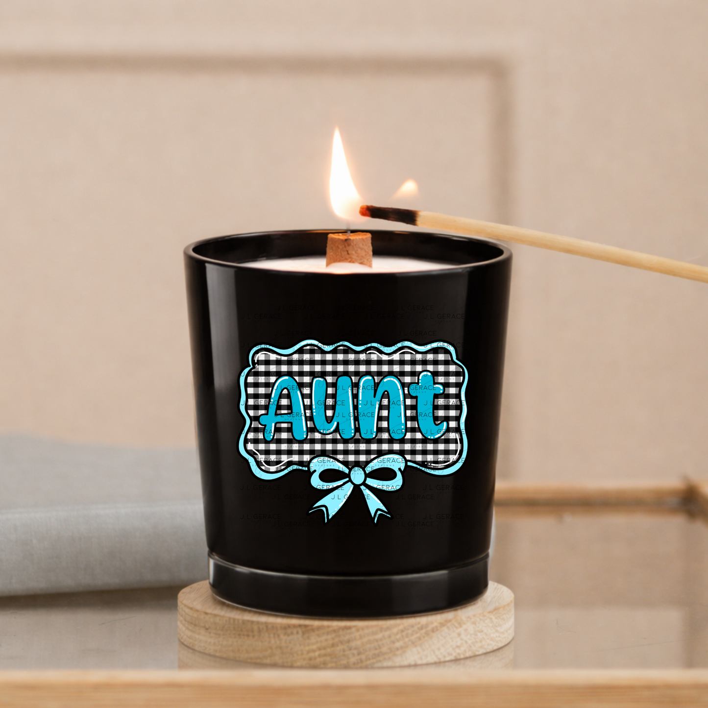 Aunt PNG – Teal Glossy Lettering with Gingham Background & Bow