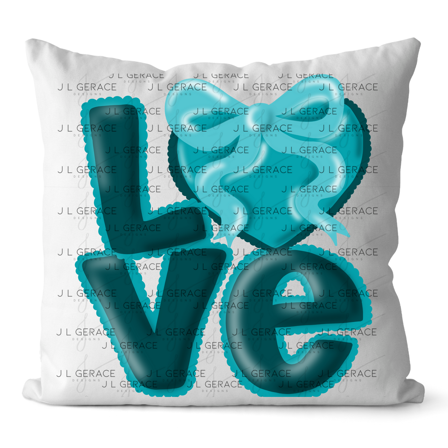 Teal Love Bubble Letter PNG with Bow Accent Scalloped Trim Design